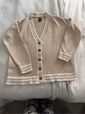GAP Men's Beige Cardigan with Cream Trim